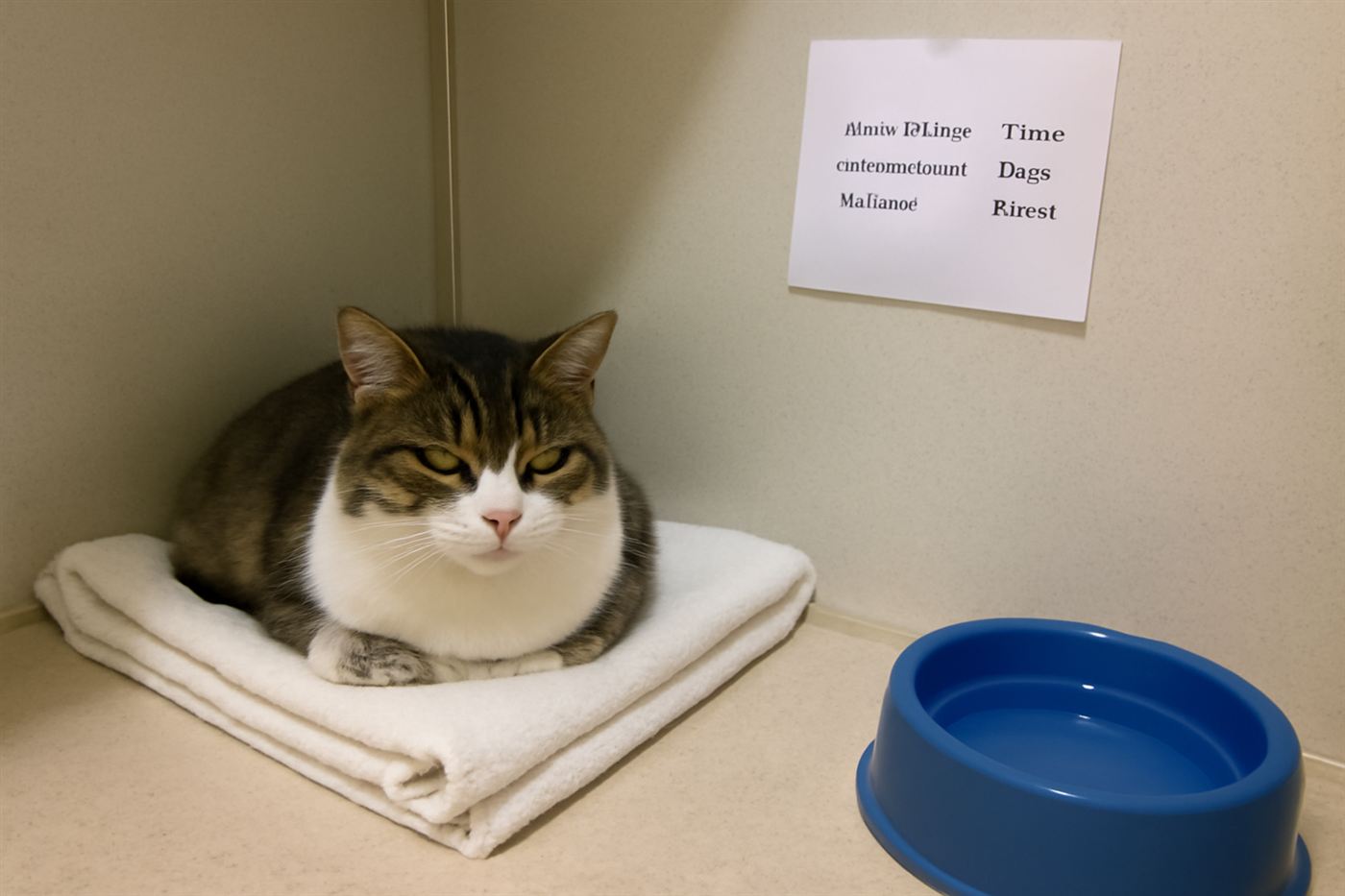 A cat inside a private boarding suite with a cozy bed