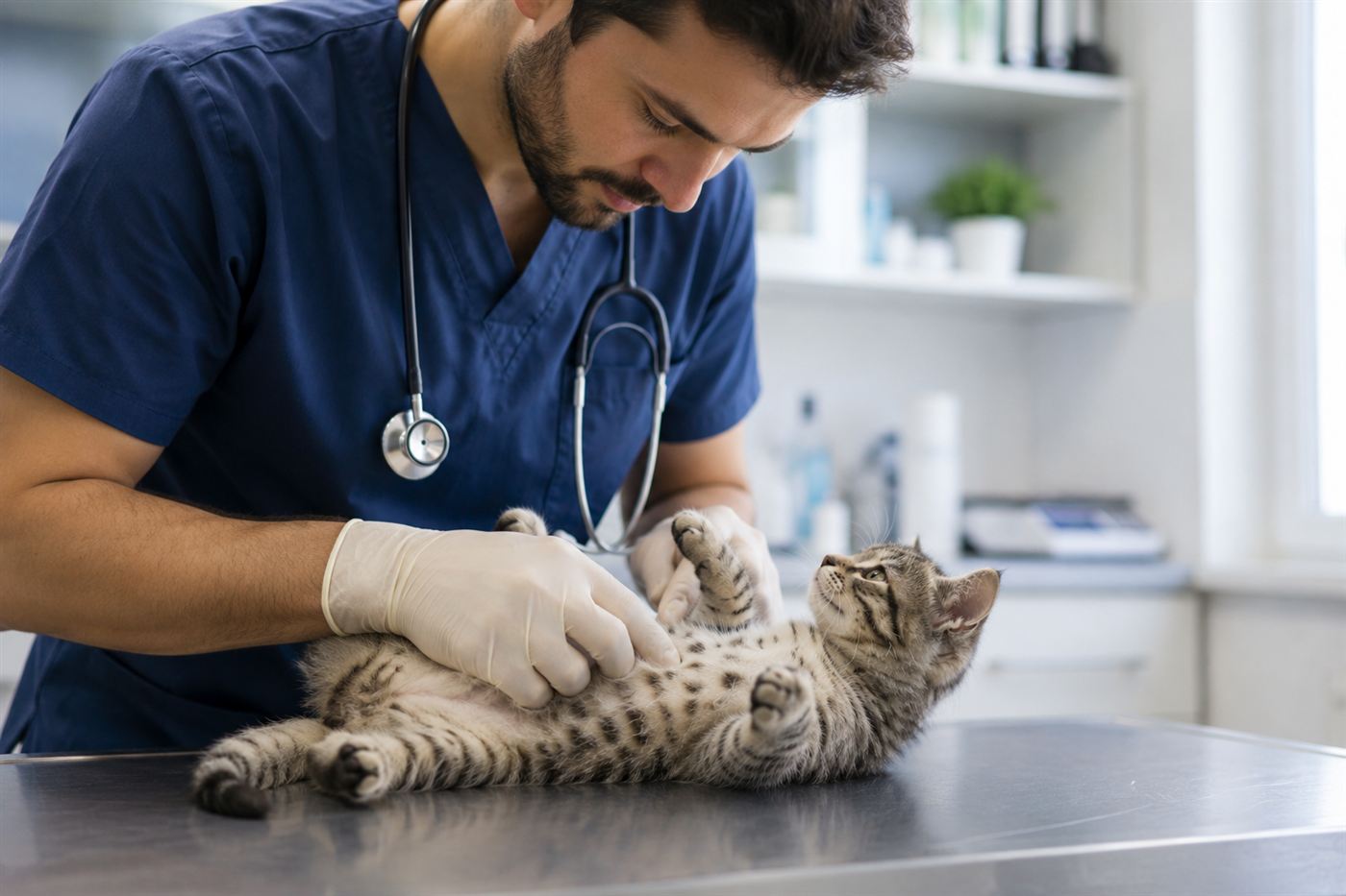 A kitten being examined by a veterinarian for a wellness check
