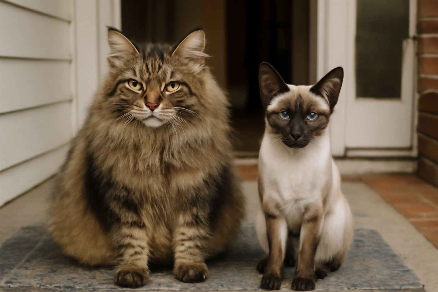 A Maine Coon and a Siamese cat sitting side by side for comparison