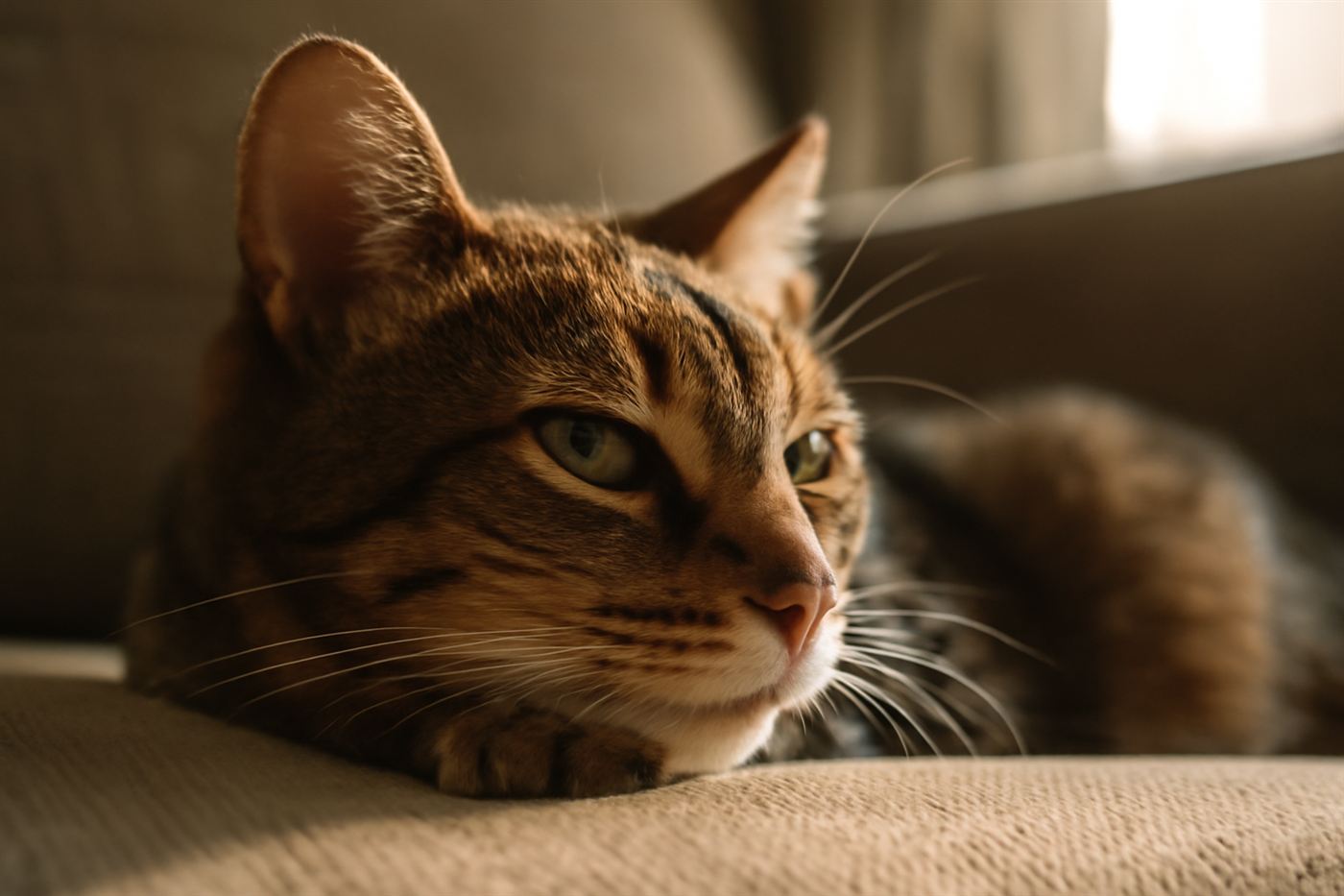 A cat's face shown from a slight side angle showing both eyes and whisker spread