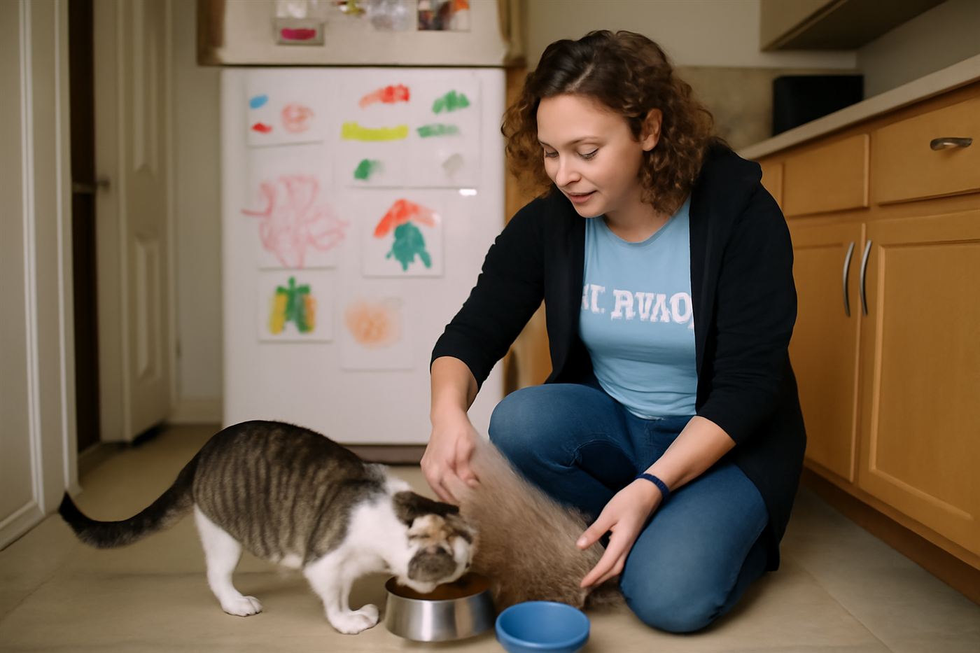 A cat sitter feeding a relaxed cat in its own home