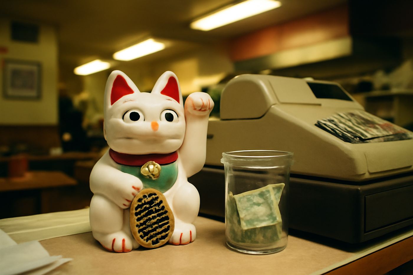 A traditional white maneki-neko figurine with one raised paw