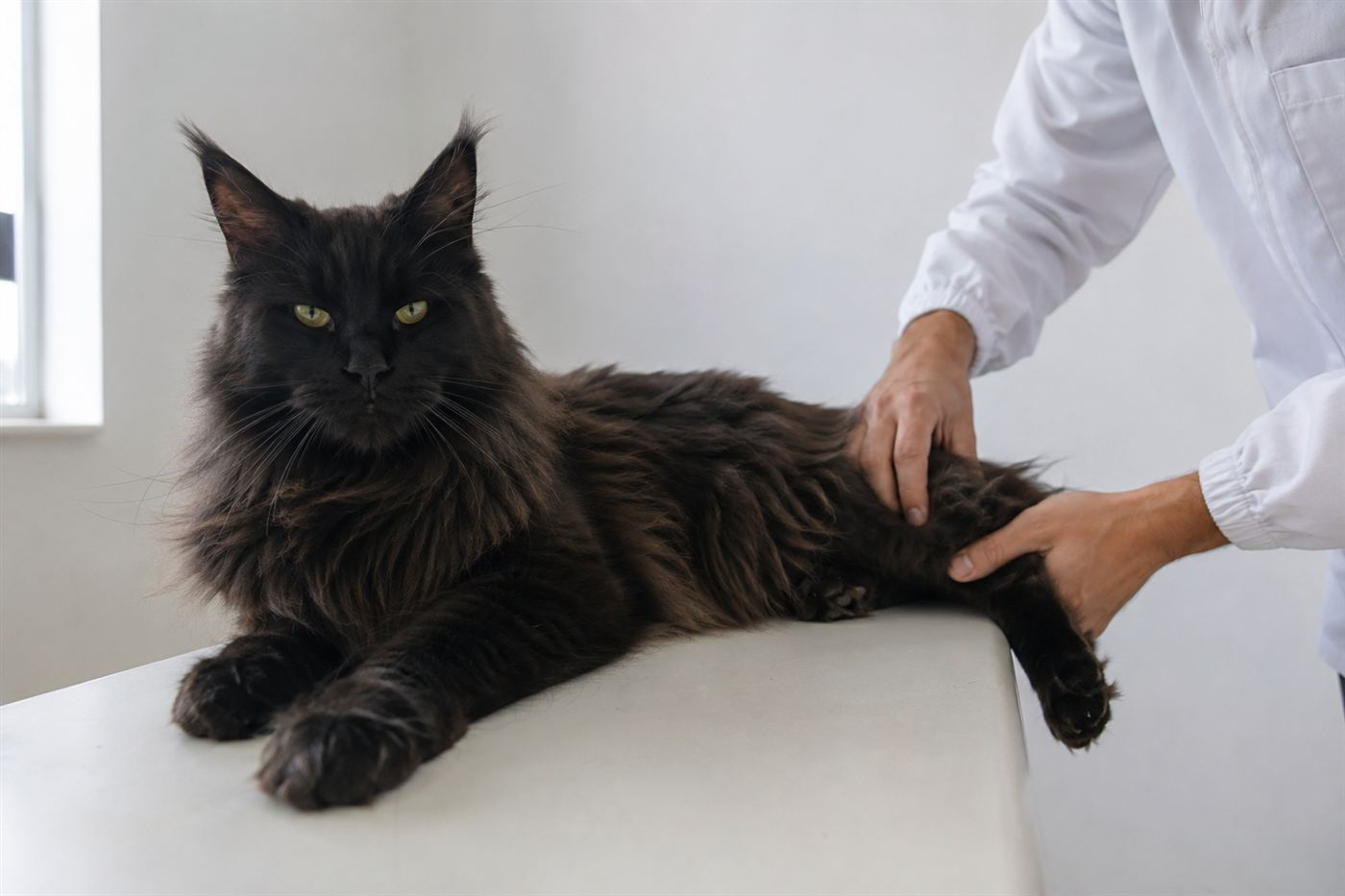A cat with a swollen leg being examined by a veterinarian