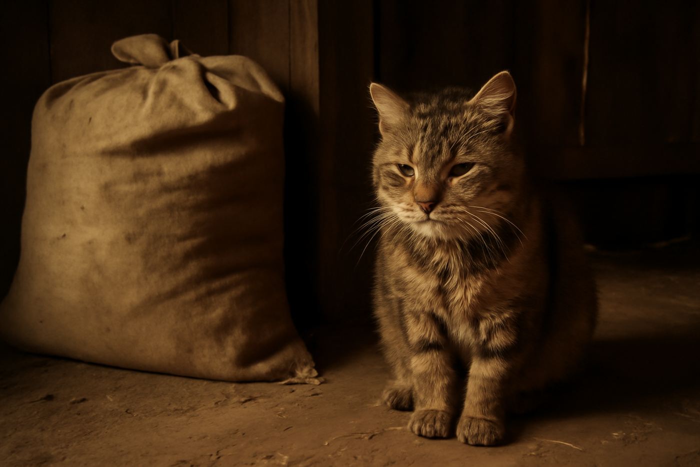 An old barn cat sitting near a grain sack, contrasted with a modern cat lounging indoors