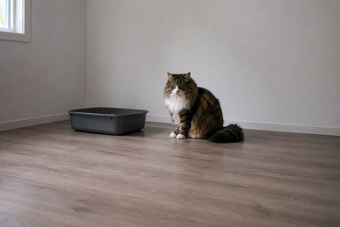 A cat sitting near a litter box looking uncomfortable