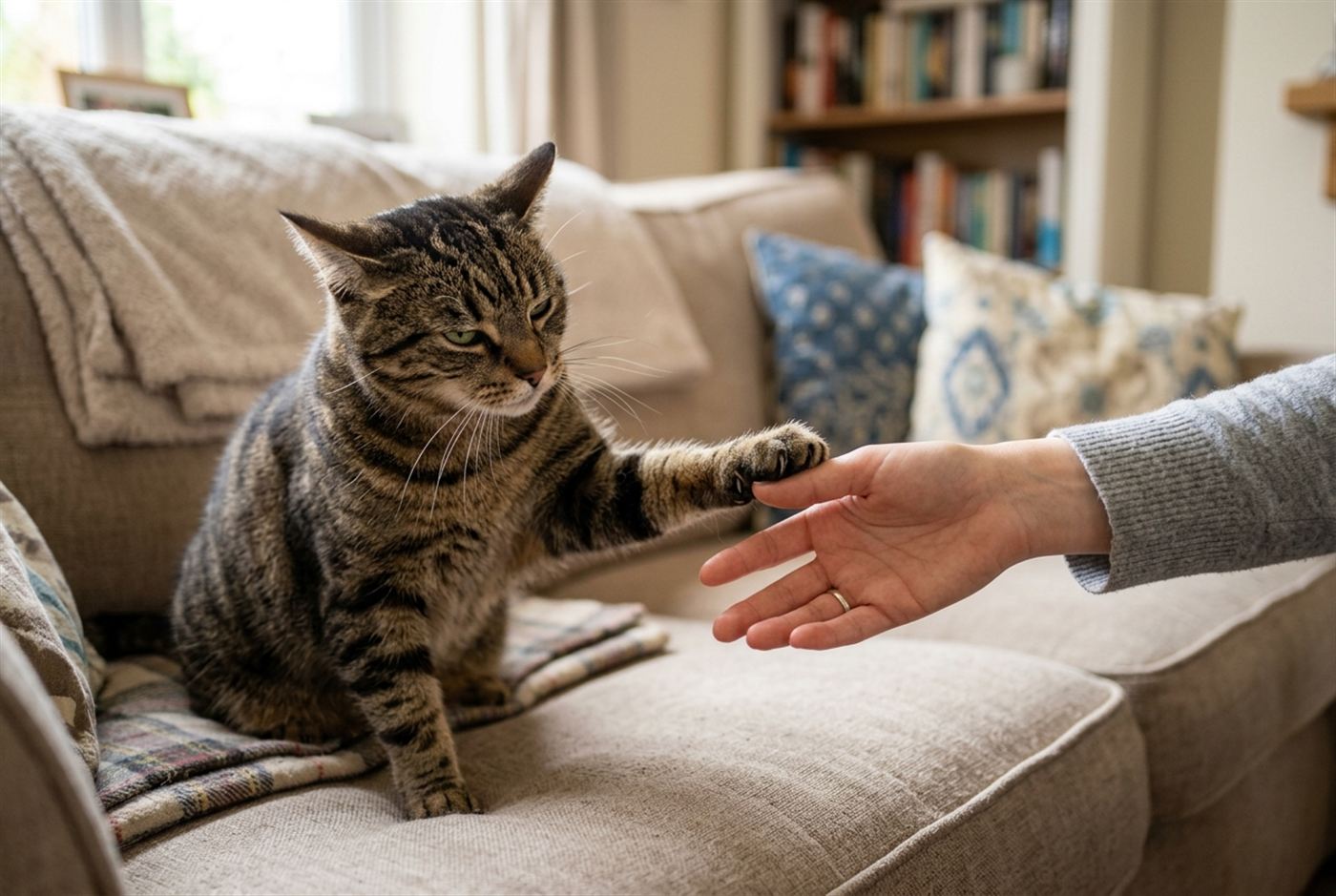 Cat gently swatting a hand with claws sheathed