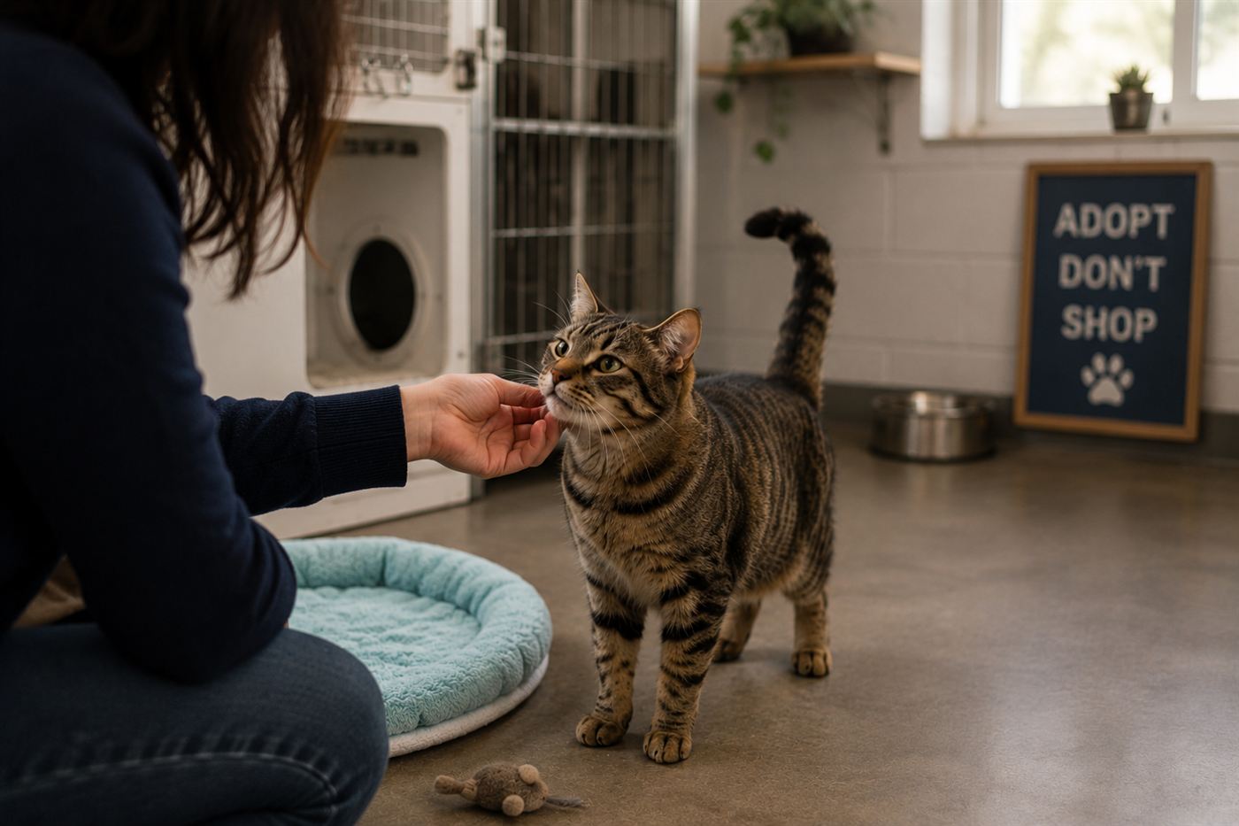 A person kneeling to offer a treat to an alert tabby cat in a shelter room with an Adopt Don't Shop sign