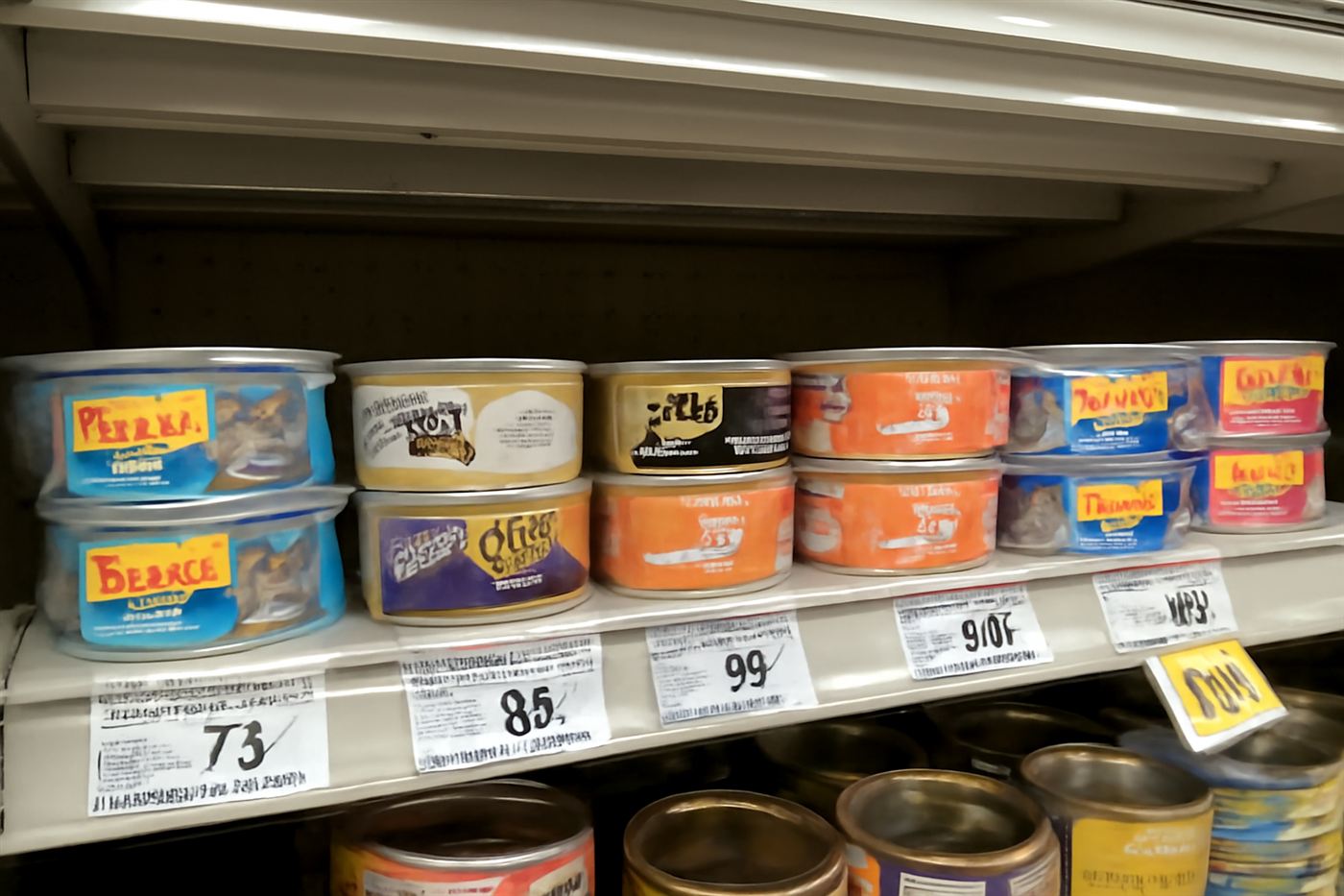 A vintage-style display of old and modern cat food cans side by side