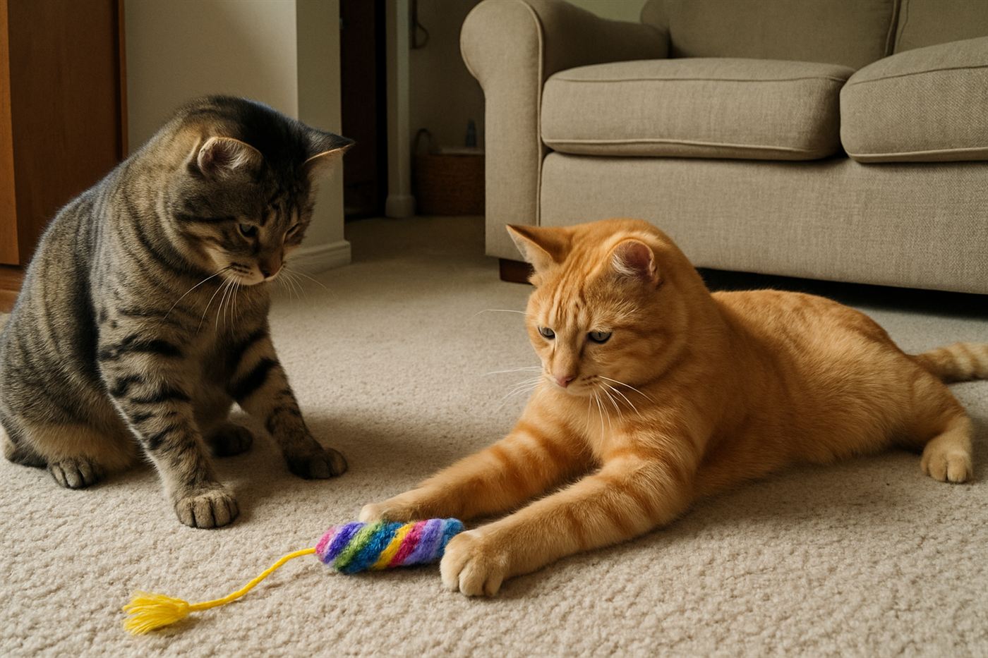 Two cats playing with separate toys on the floor at the same time