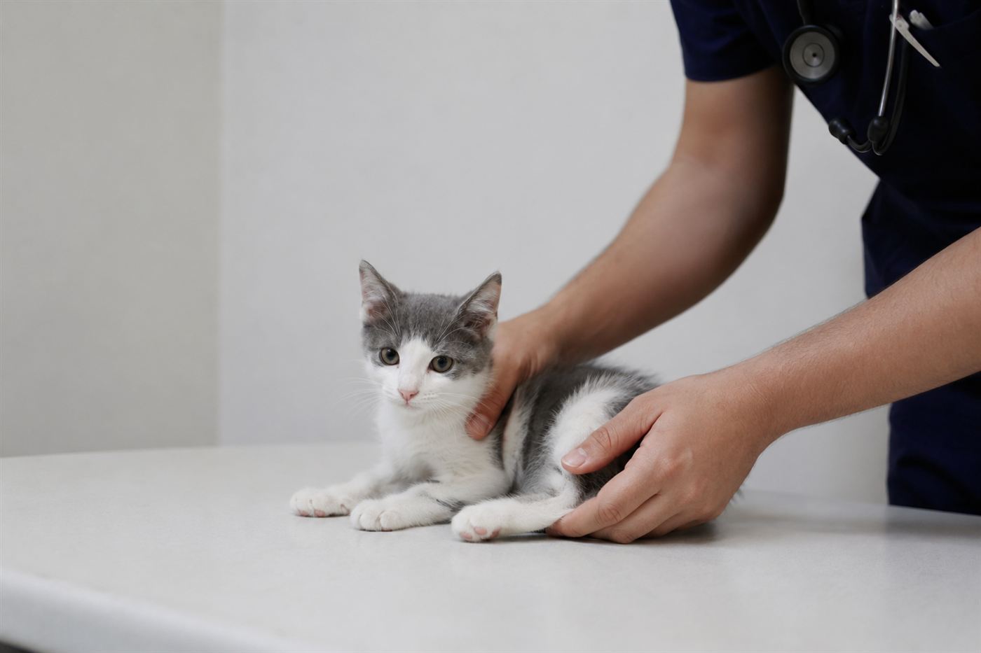 A kitten being gently examined on a veterinary exam table