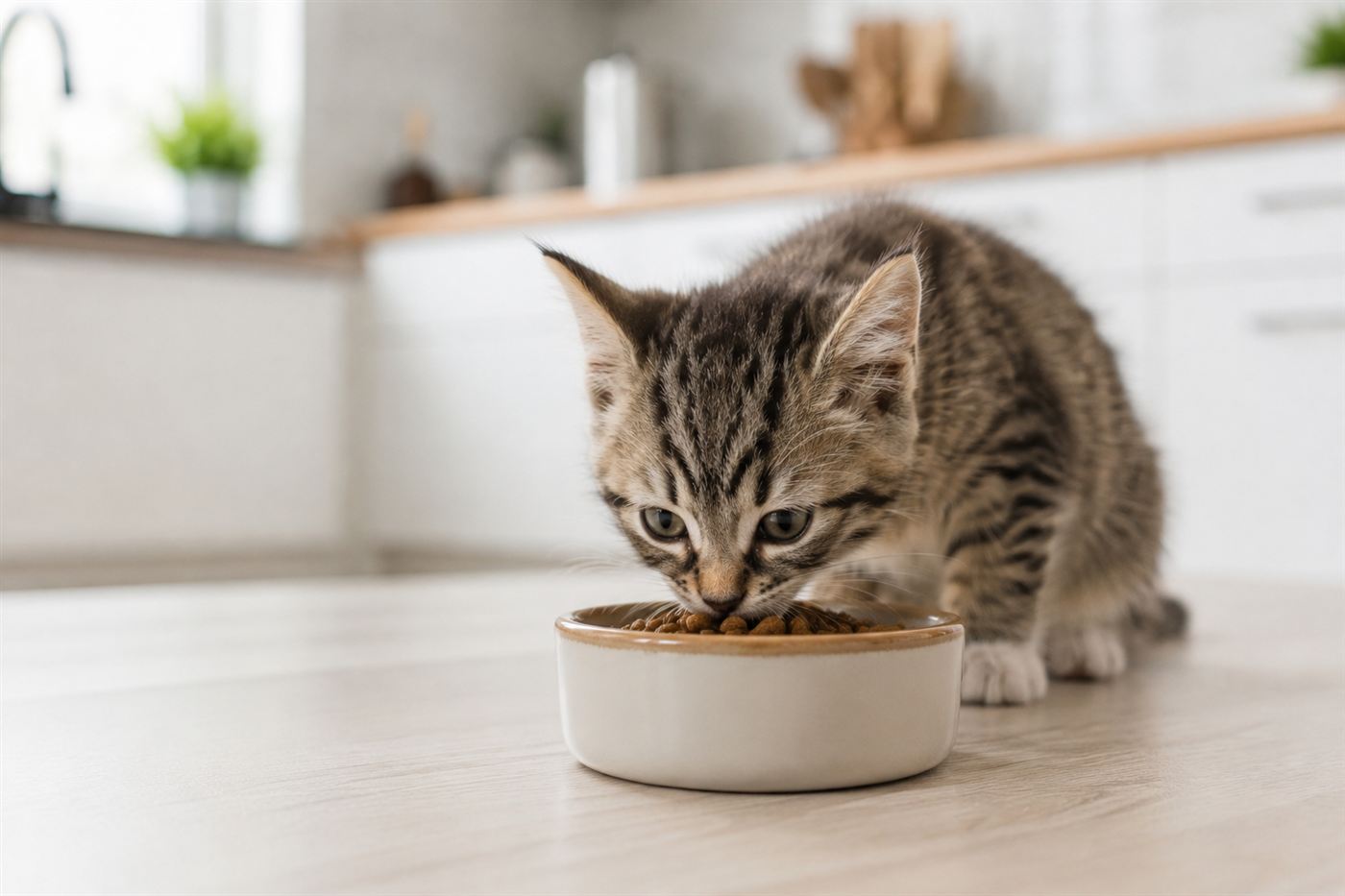 A kitten eating from a food bowl in a bright kitchen