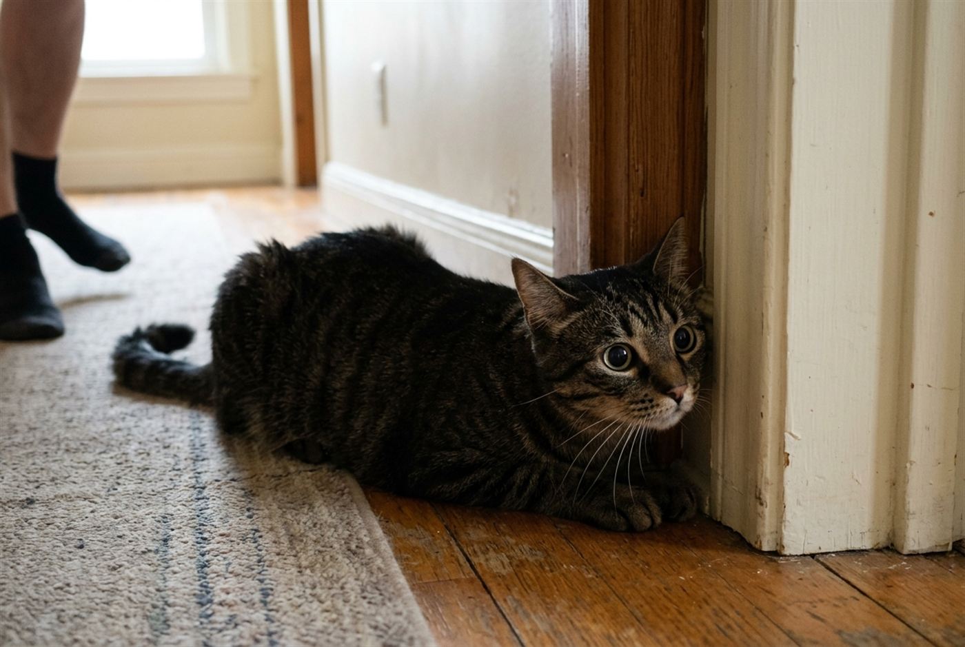 Cat crouched behind a corner about to ambush an ankle
