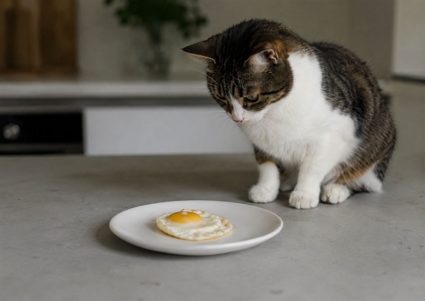 A cooked egg on a plate next to a curious cat