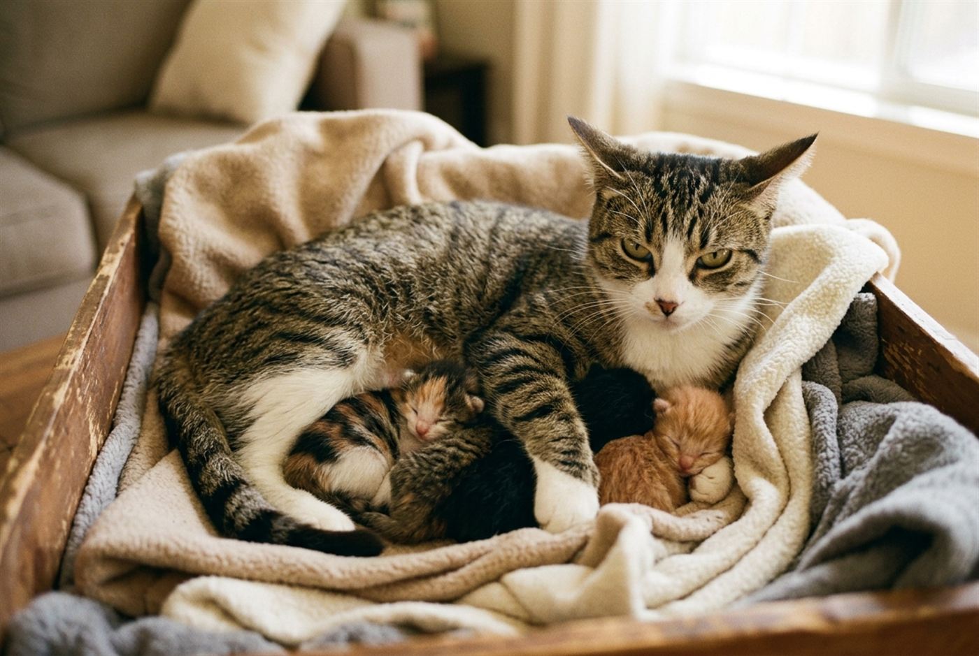 A mother cat nursing kittens in a nesting box