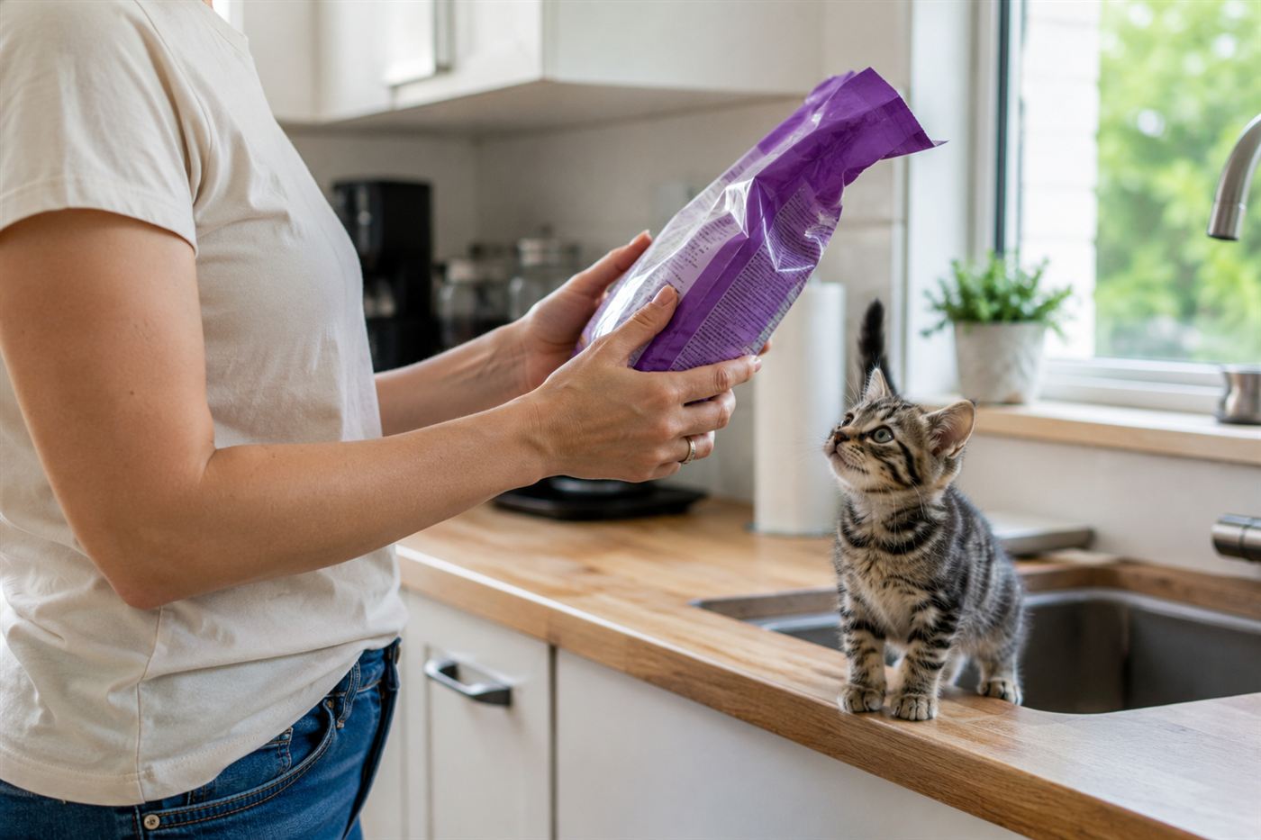 A bag of kitten food being read closely in a kitchen