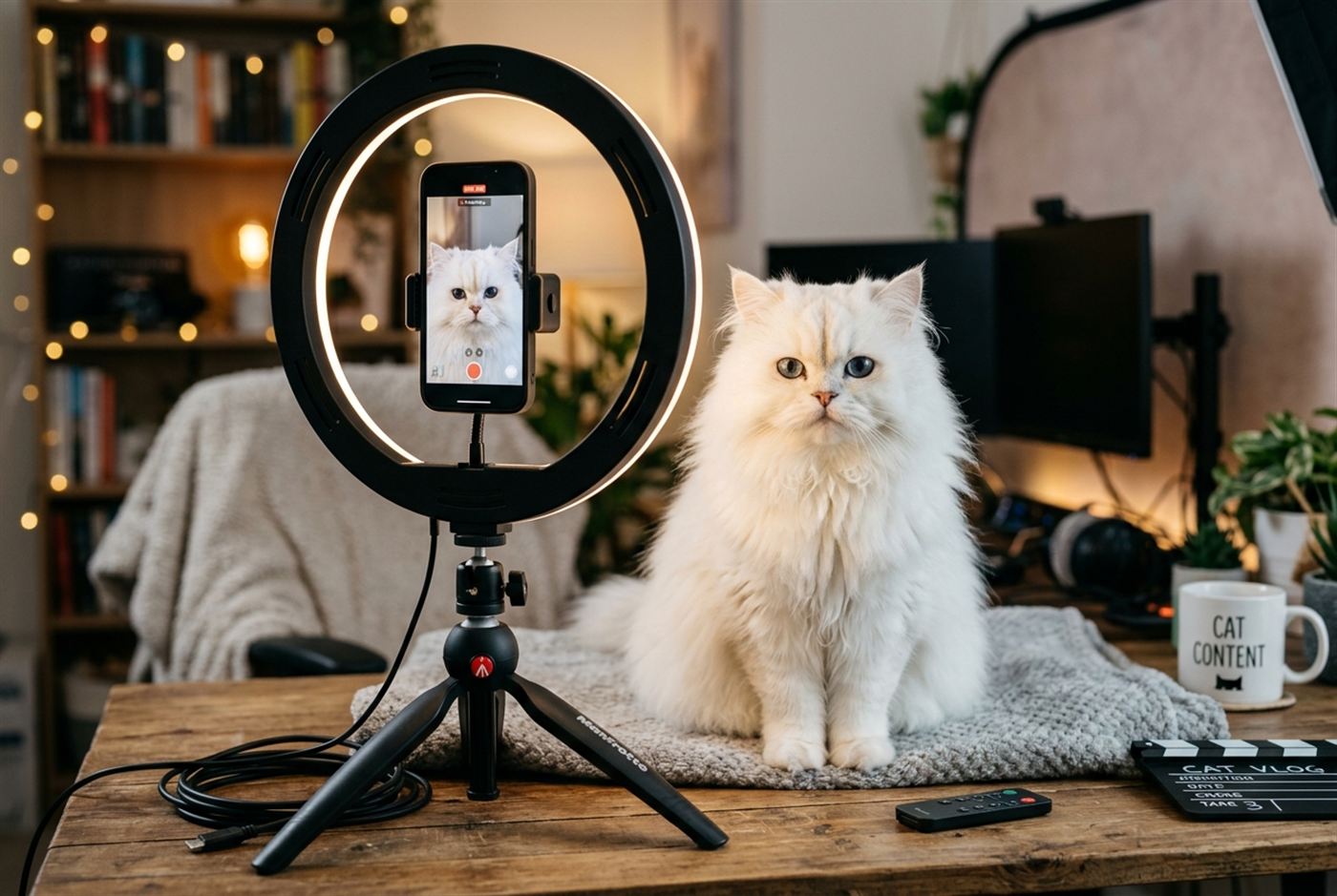 A cat being filmed on a smartphone tripod for a social media video