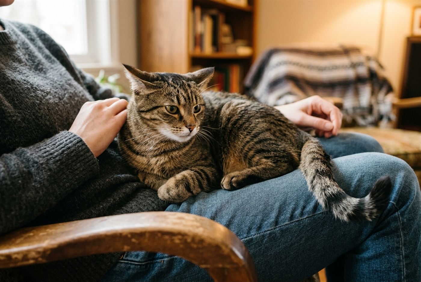 Cat mid-bite during a petting session on a couch