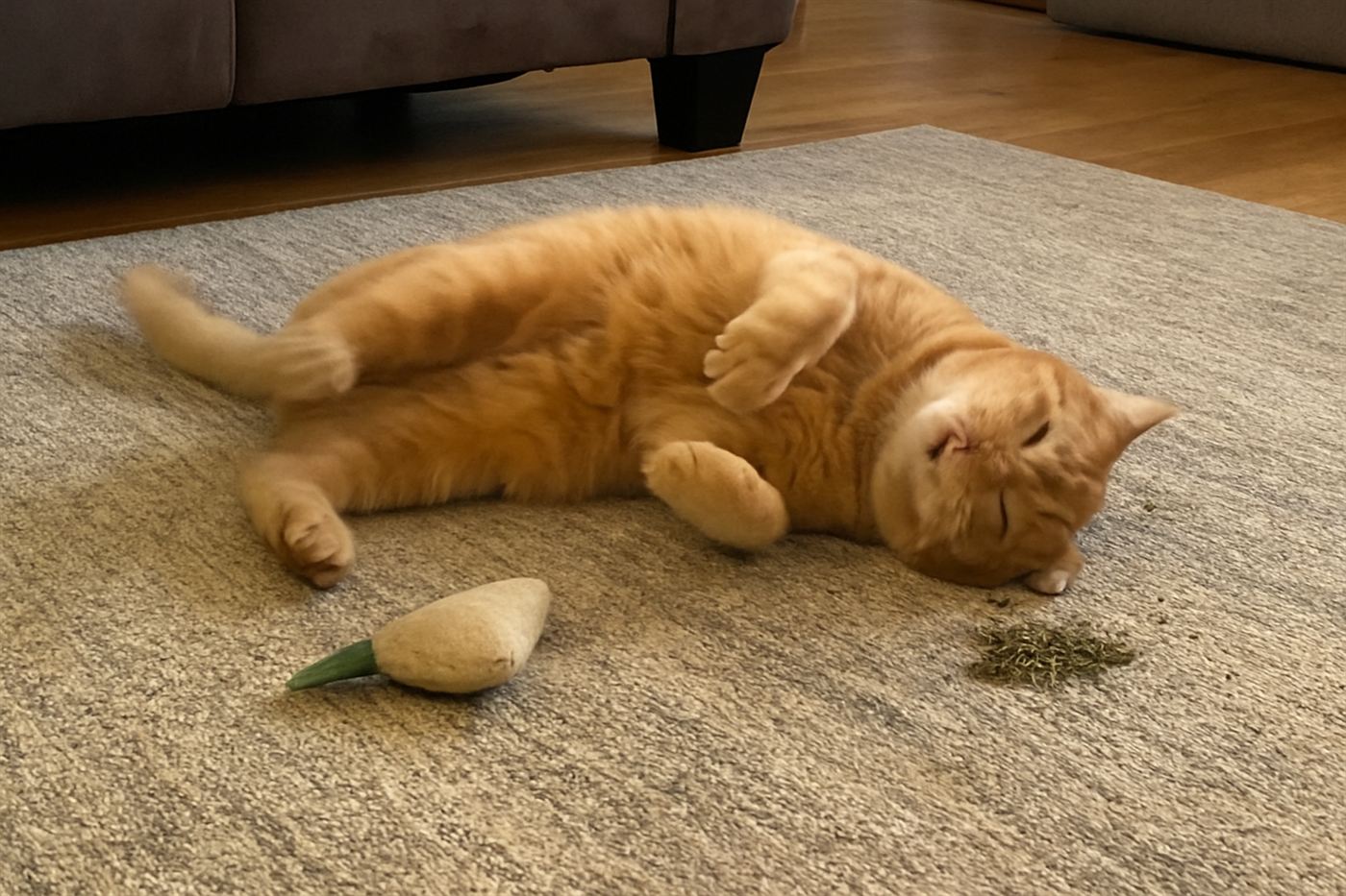 A cat rolling happily in a pile of dried catnip