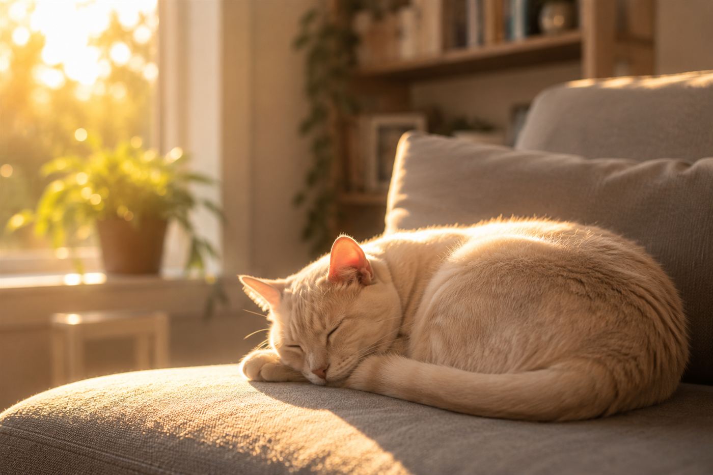 A cat curled up asleep in a sunny spot on a couch