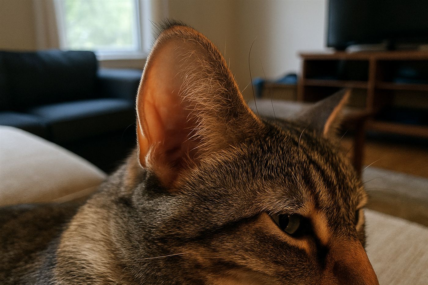 Close-up of a cat's ear showing the pinna and outer ear structure