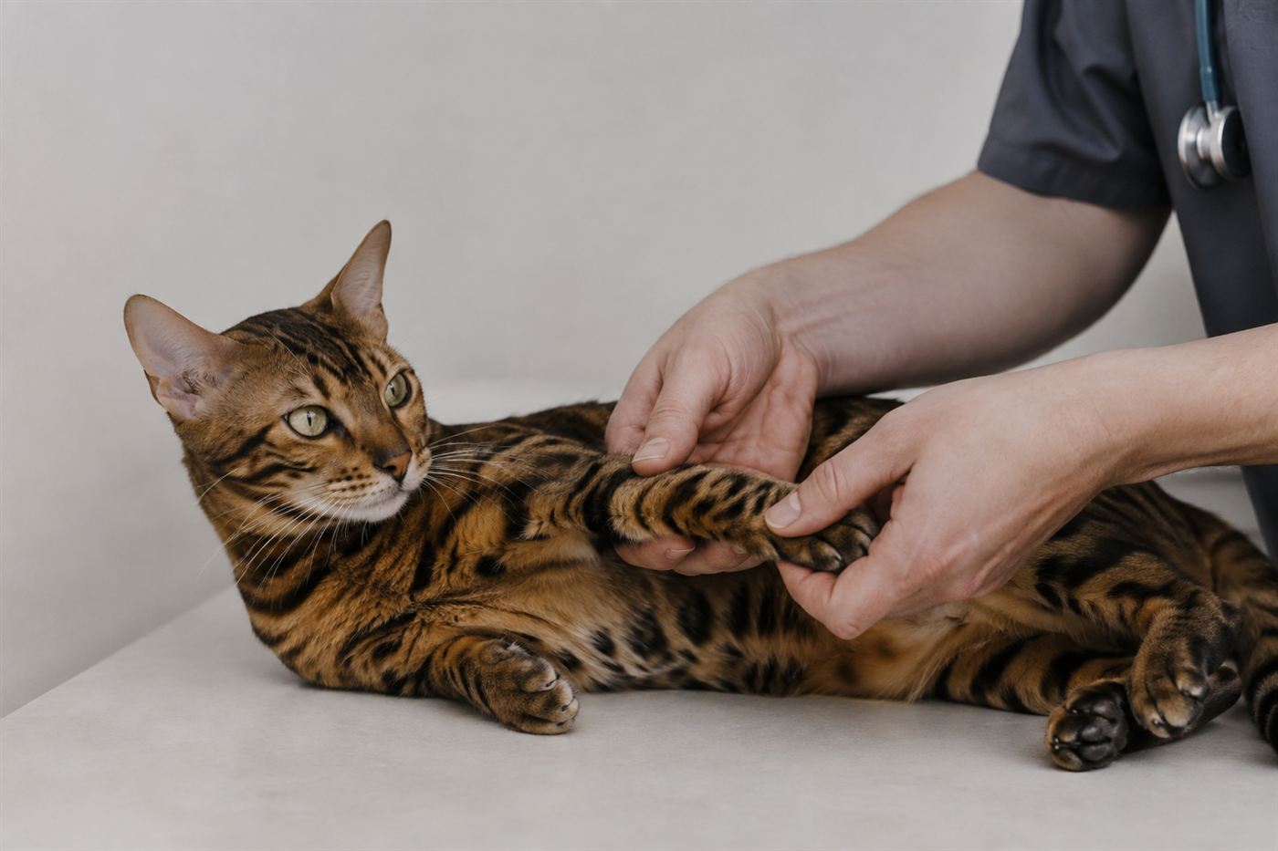 A cat with one front leg being gently examined after an injury