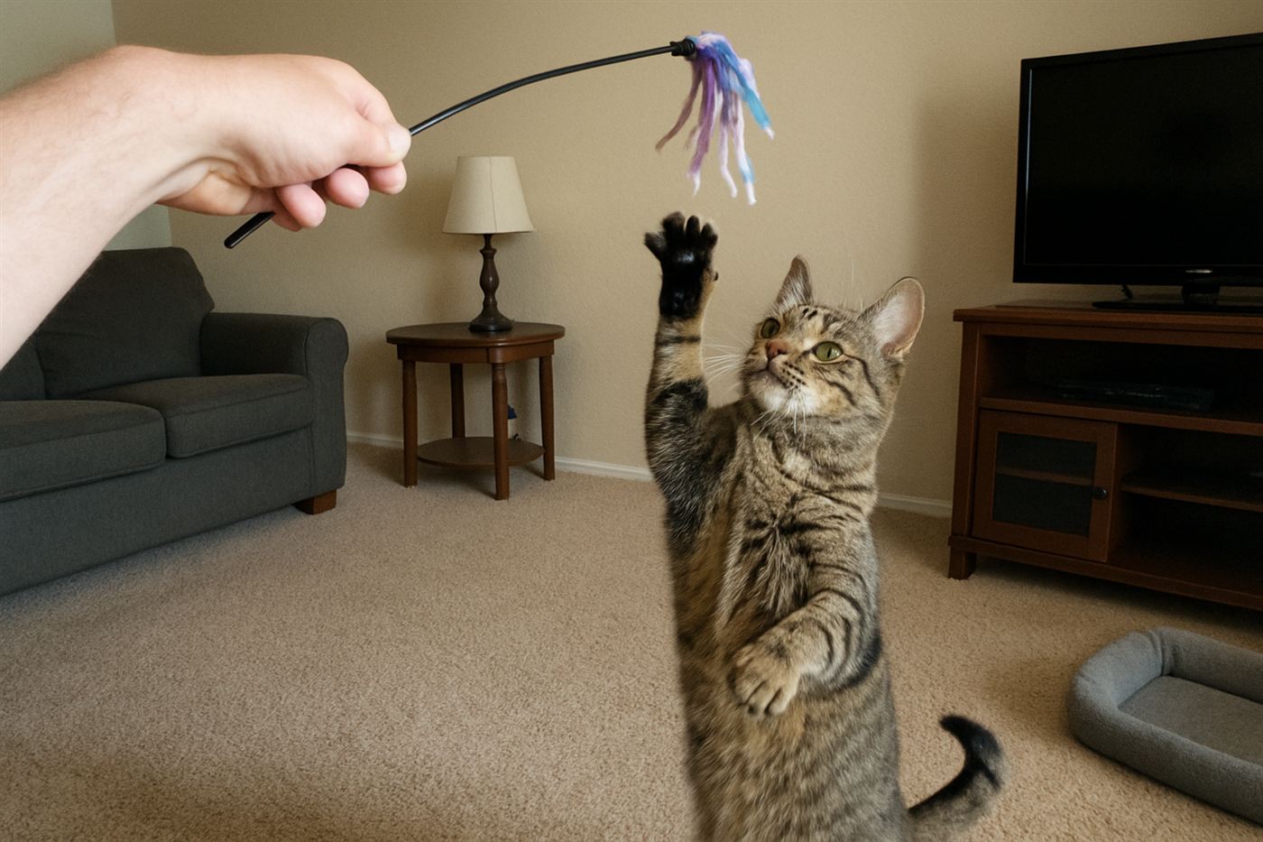A person moving a feather wand toy for a cat to chase across the floor