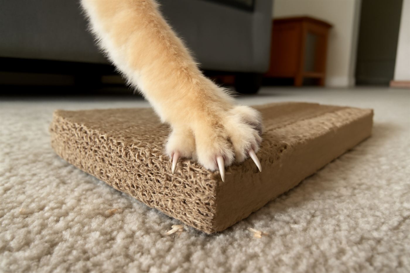 Close-up photo of a cat's paw with claws extended against a scratching post, showing the toe and claw structure clearly