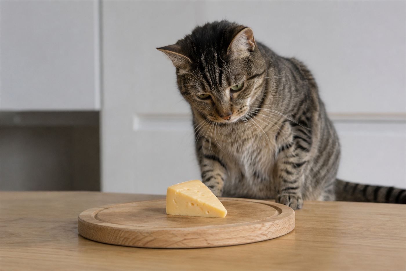 A cat sitting near a small piece of cheese on a wooden board