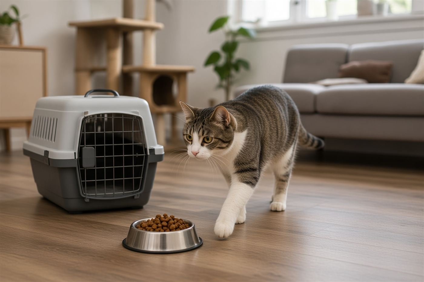 A cat cautiously exploring a living room near an open carrier and a bowl of food on its first day home