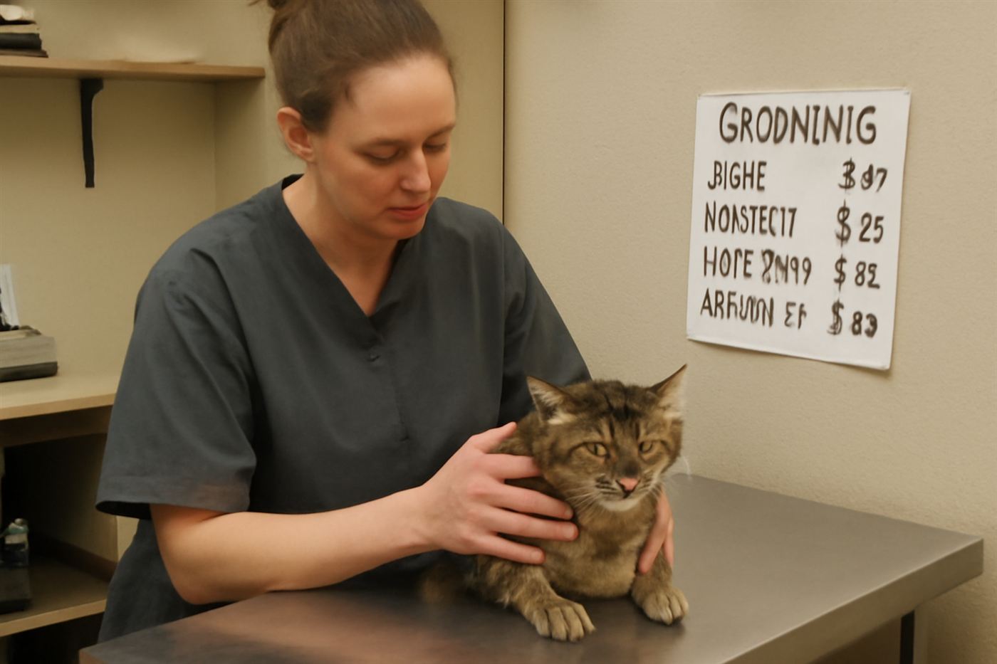 A calm cat being held gently by a groomer in a clean, quiet salon