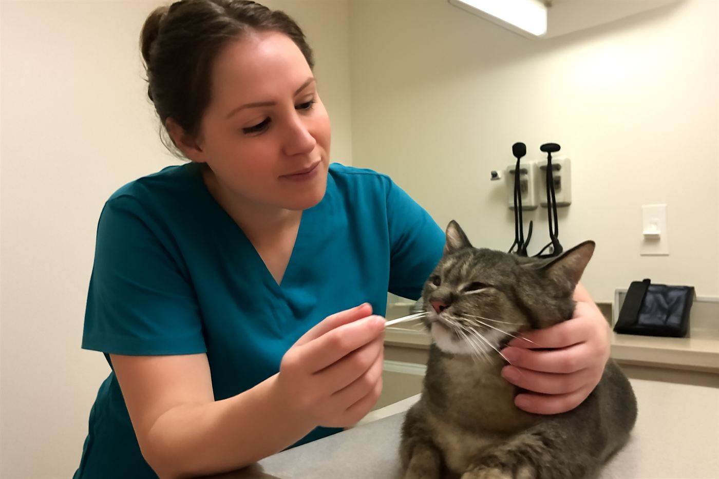 A vet performing a cheek swab genetic test on a calm cat