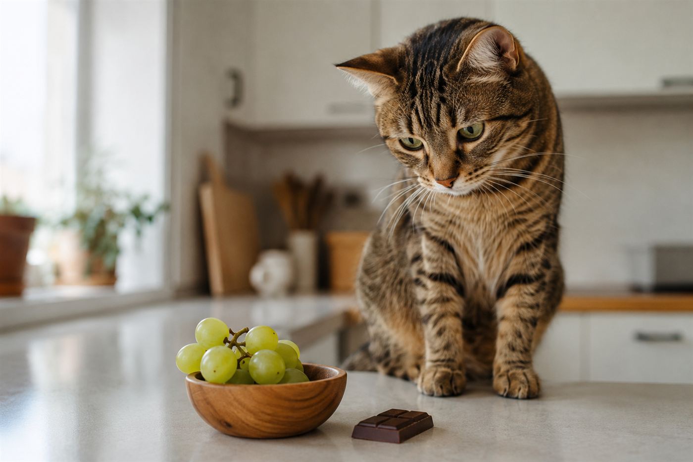 A curious cat on a kitchen counter looking at a bowl of grapes and a piece of chocolate