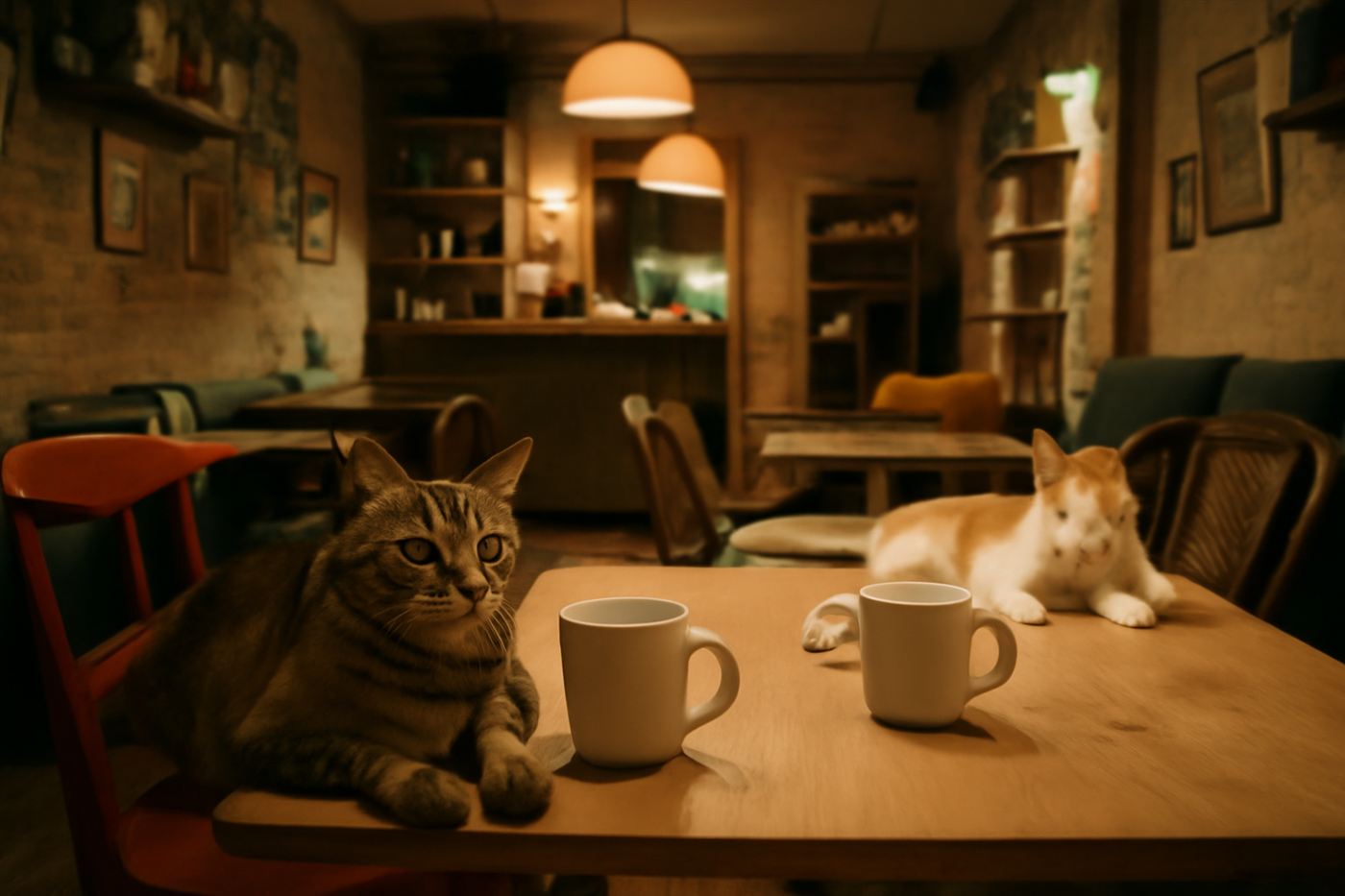 A cozy cat cafe interior with several cats lounging near coffee tables