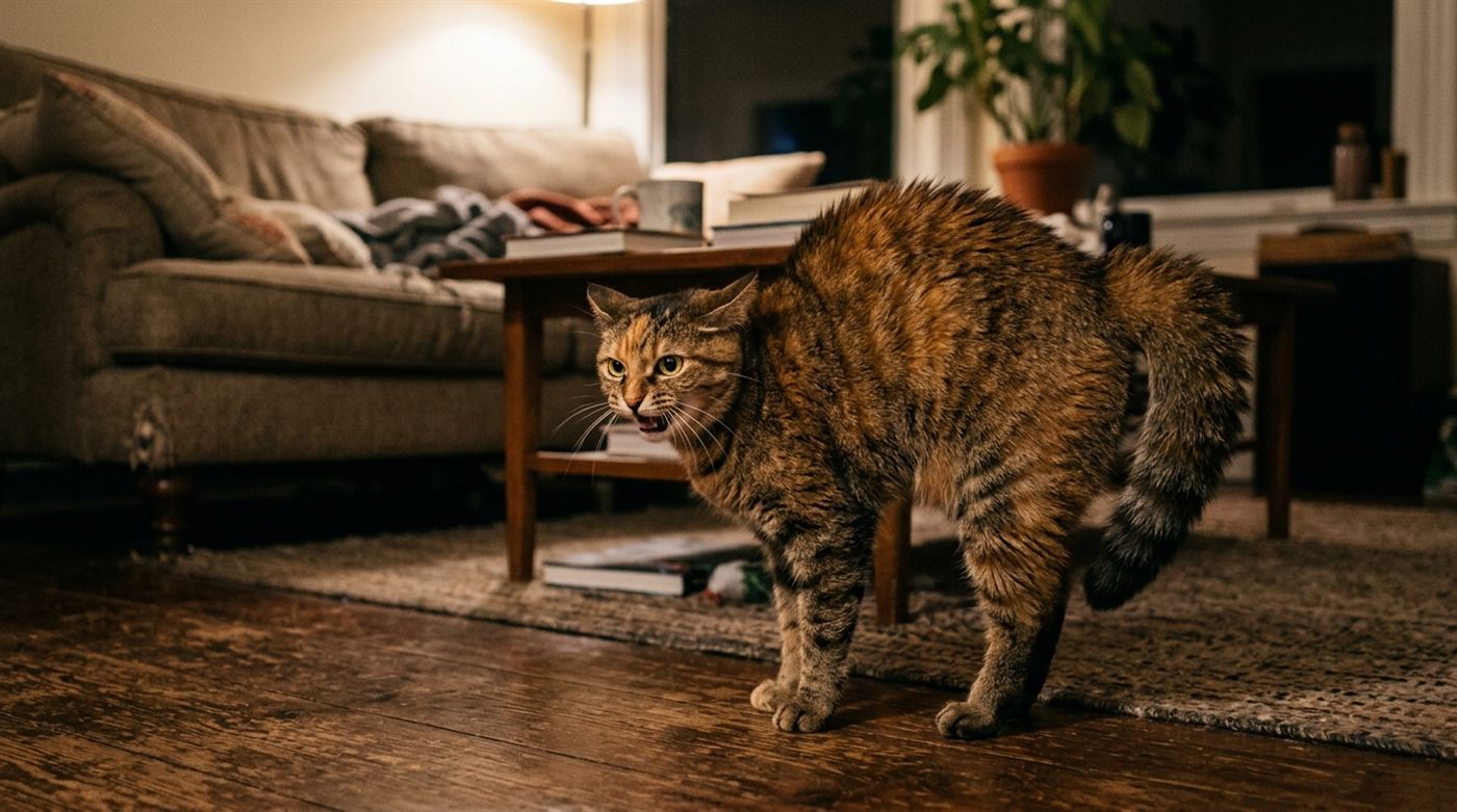 A tense cat with puffed up fur and flattened ears glaring aggressively