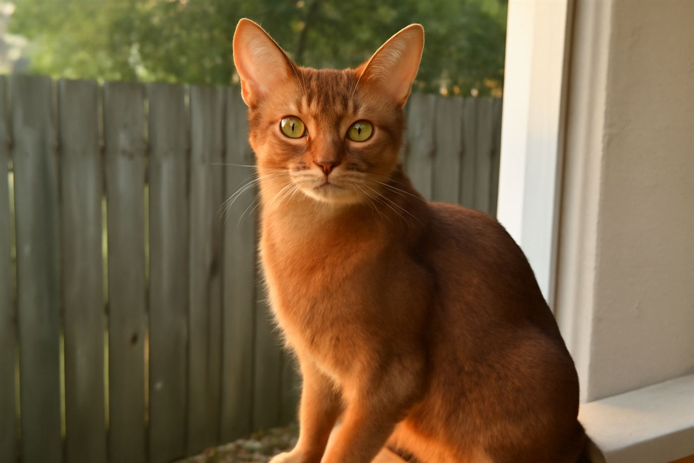 An Abyssinian cat with a warm reddish coat sitting alert