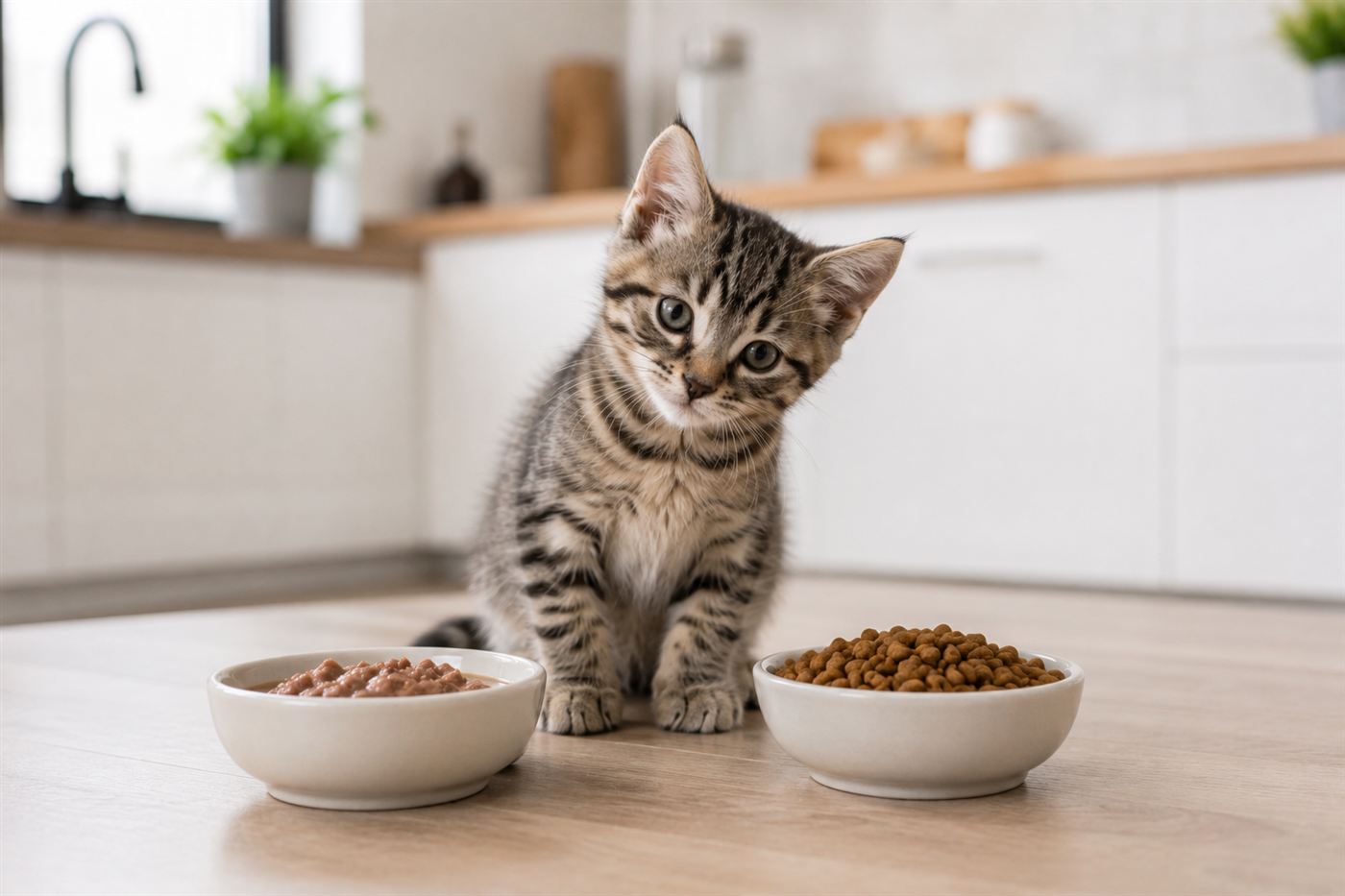 A kitten choosing between a bowl of wet food and a bowl of dry food