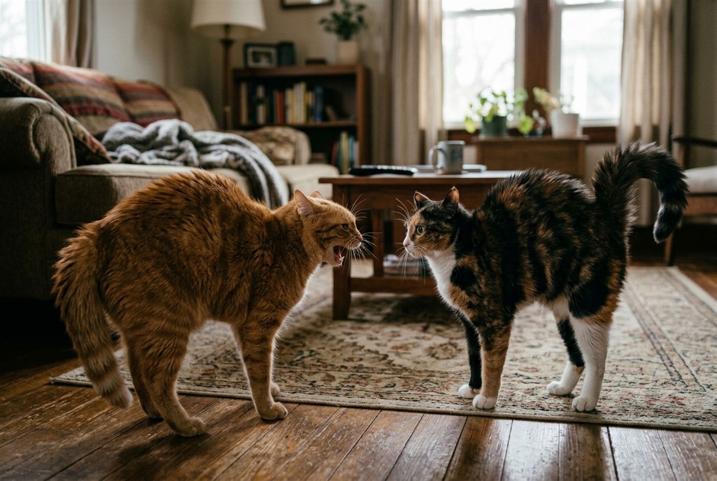 Two housecats sitting stiffly apart with tense body language after a fight