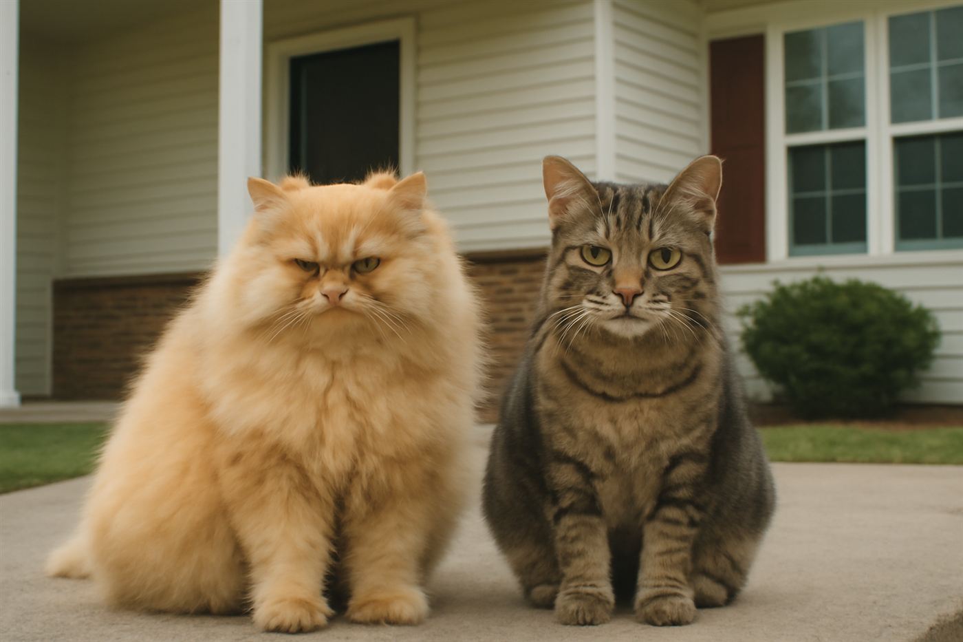 A purebred Persian cat sitting beside a mixed breed tabby cat