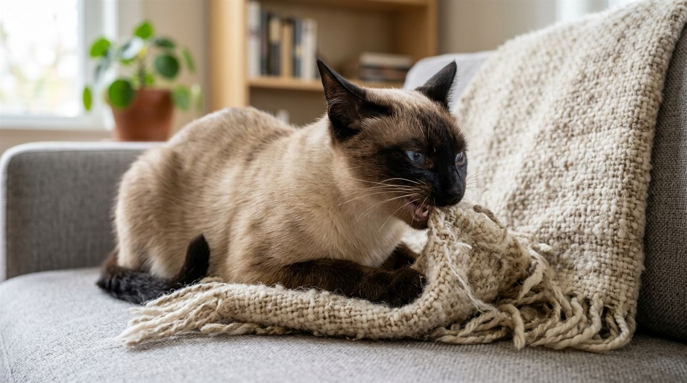 A Siamese cat chewing intently on the corner of a wool blanket