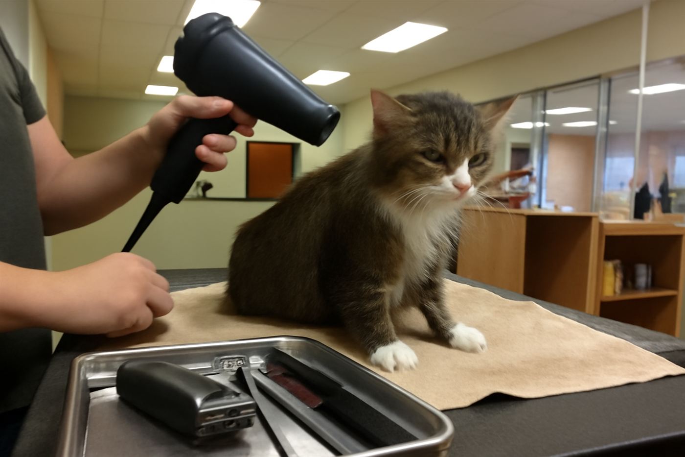 A cat being gently blow dried on a towel at a grooming salon
