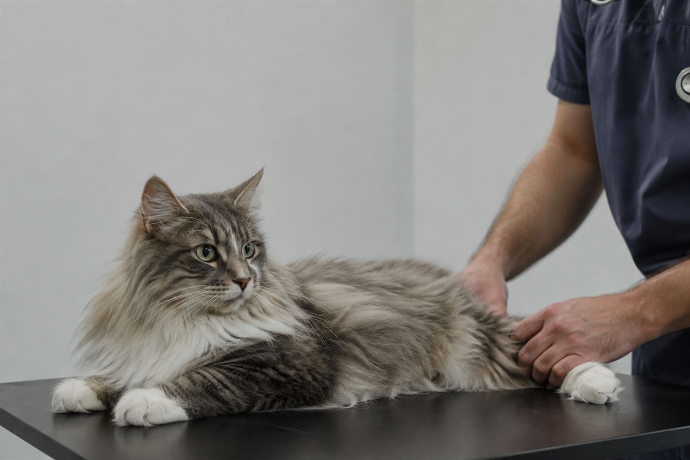 A veterinarian examining a cat's hind leg