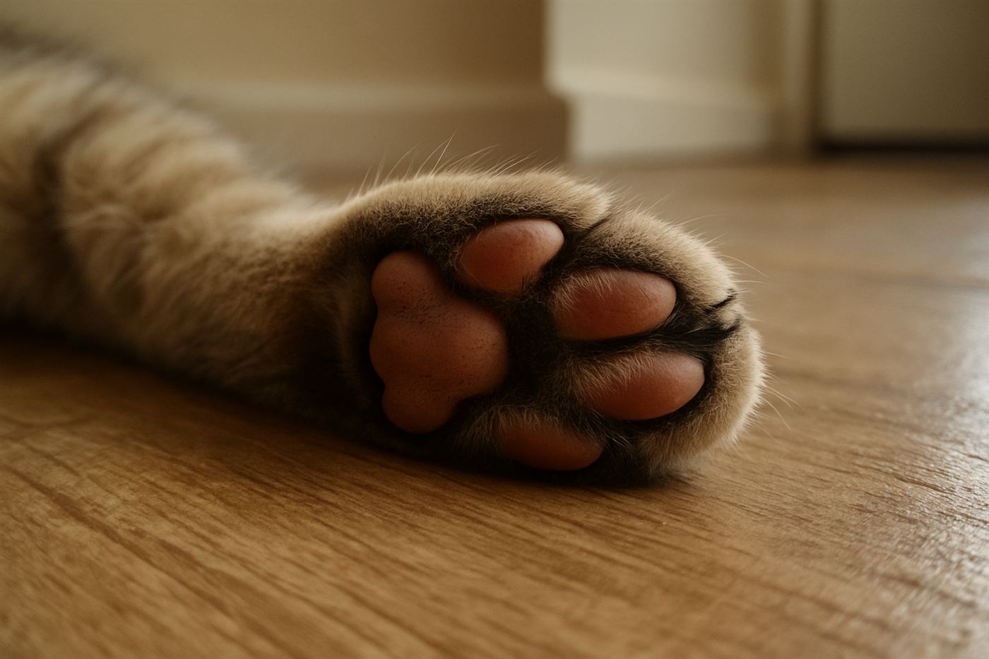 A close-up of a cat's paw showing the pink paw pads