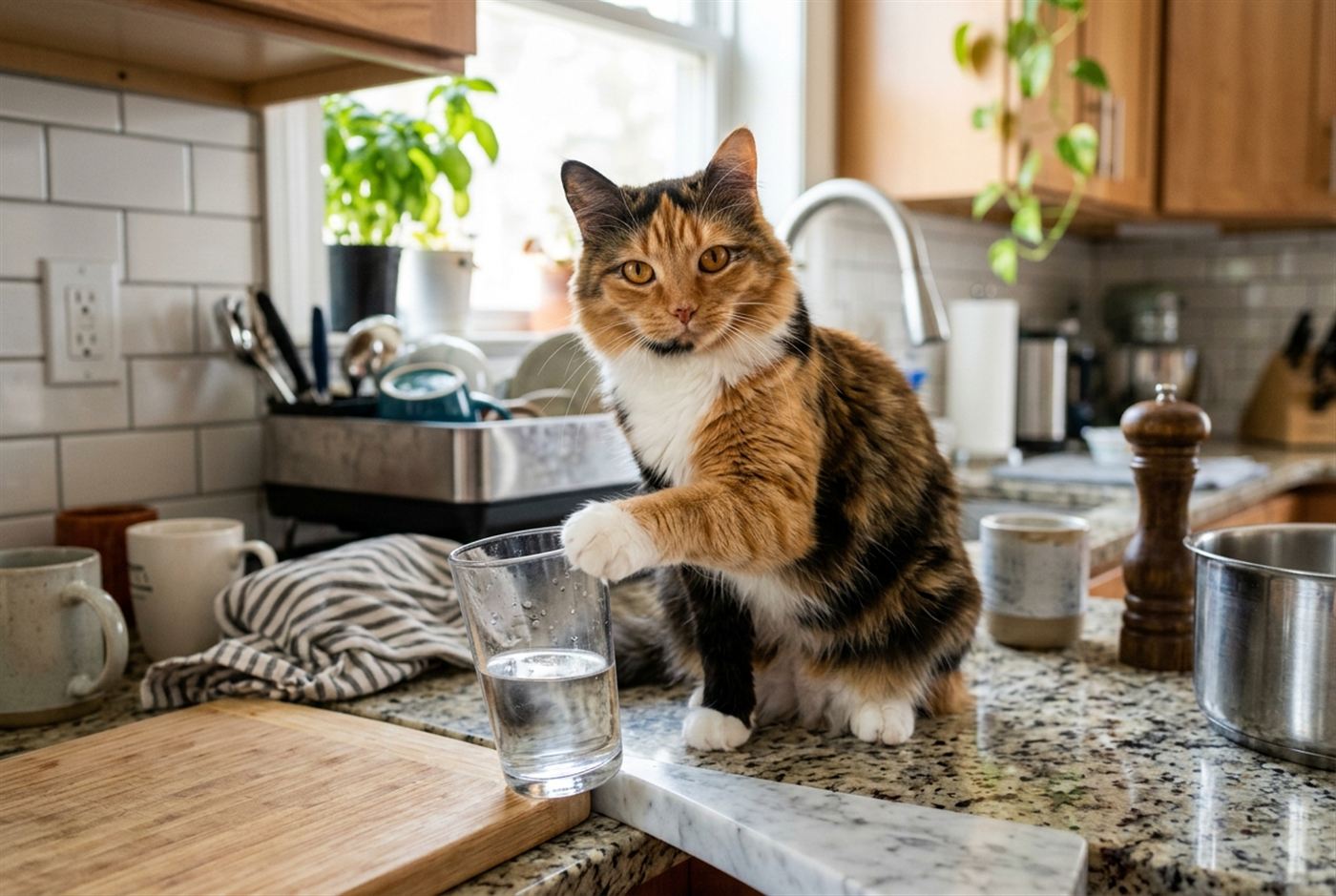 Cat knocking a glass off a coffee table