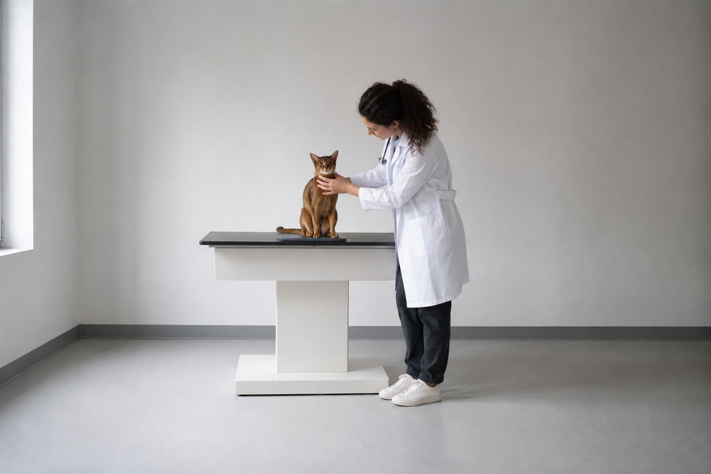 A veterinarian examining a cat during a checkup