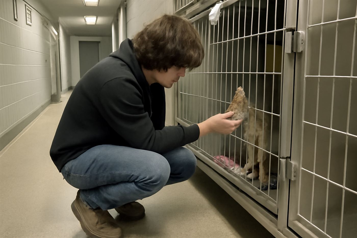 A person kneeling to greet a shelter cat through an open kennel door