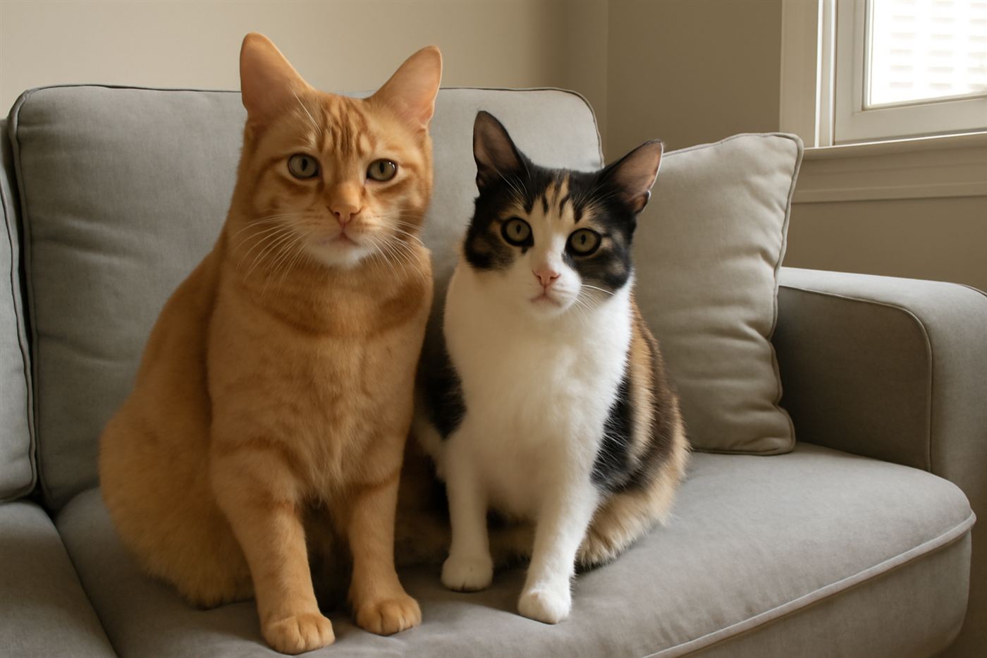 An orange tabby cat sitting next to a calico cat for comparison