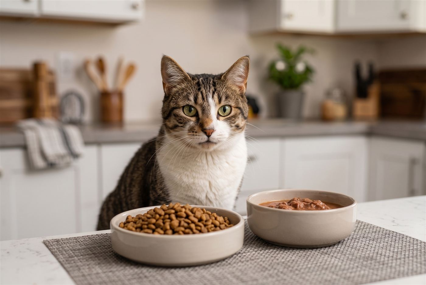A tabby and white cat sitting on a kitchen counter next to bowls of dry kibble and wet food