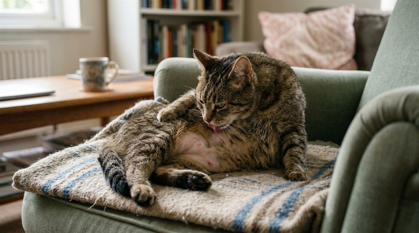 A cat licking its bare belly where fur has been completely groomed away