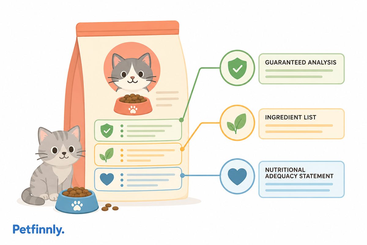 Illustrated diagram of a kitten food label with callouts pointing to the nutritional adequacy statement, guaranteed analysis, ingredient list, and feeding directions