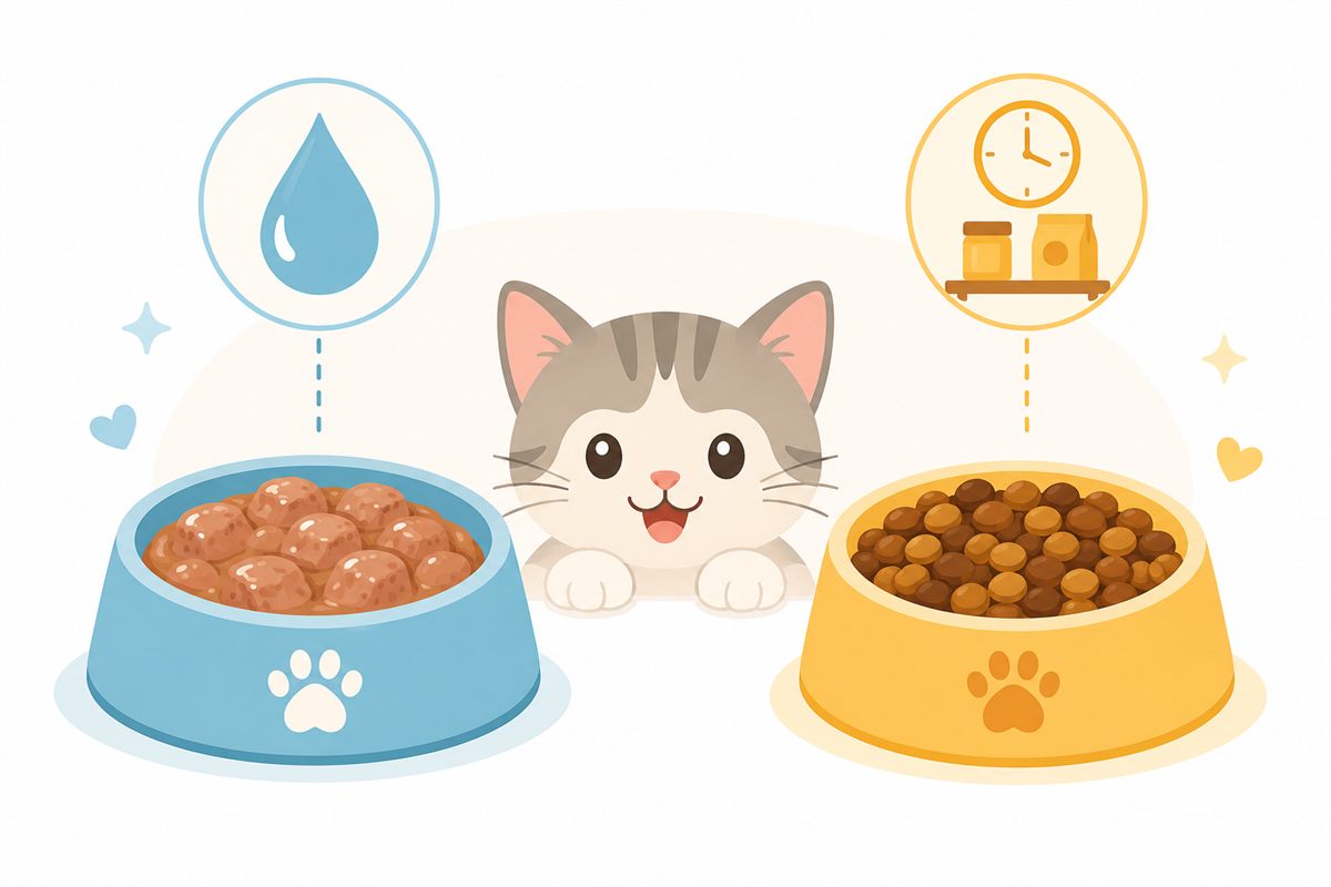 Illustrated side-by-side comparison of wet and dry kitten food, showing moisture content, cost, and shelf life differences